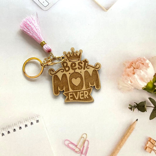 Best Mom Ever Wooden Keychain with Pink Tassel