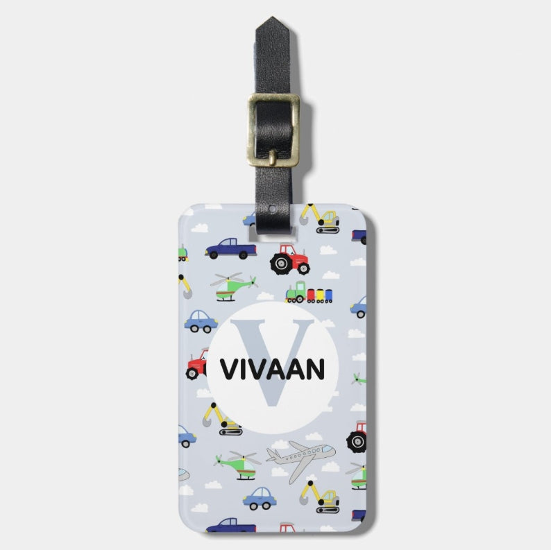 Personalized Vehicle Theme Acrylic Luggage Tag for Kids β Custom Travel Bag Name Tag (Double-Sided)