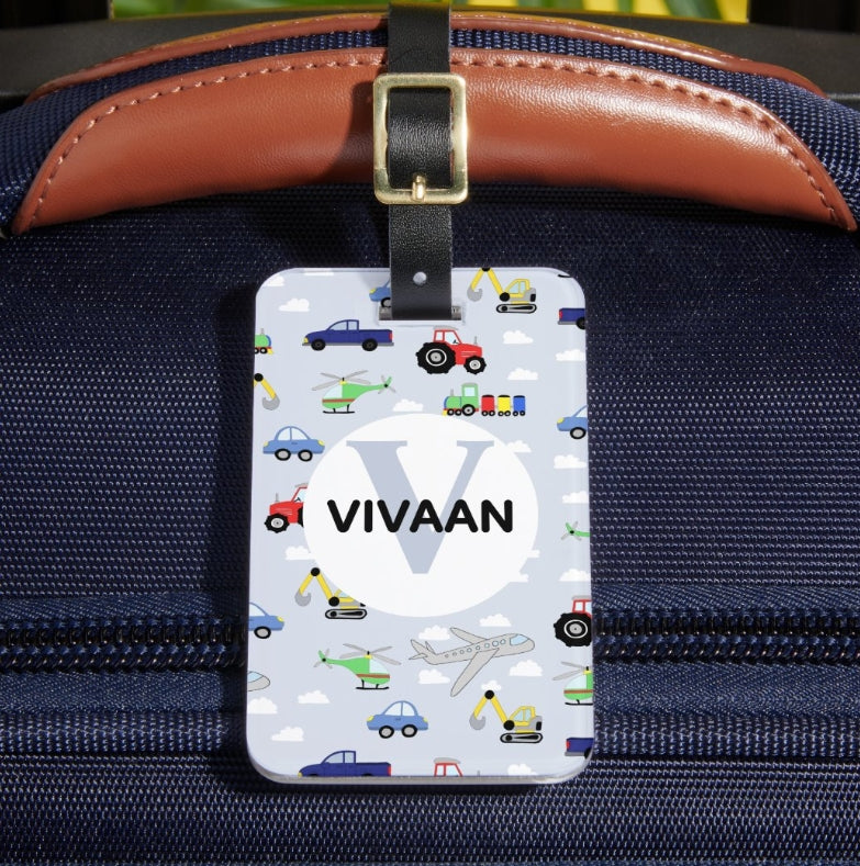 Personalized Vehicle Theme Acrylic Luggage Tag for Kids β Custom Travel Bag Name Tag (Double-Sided)