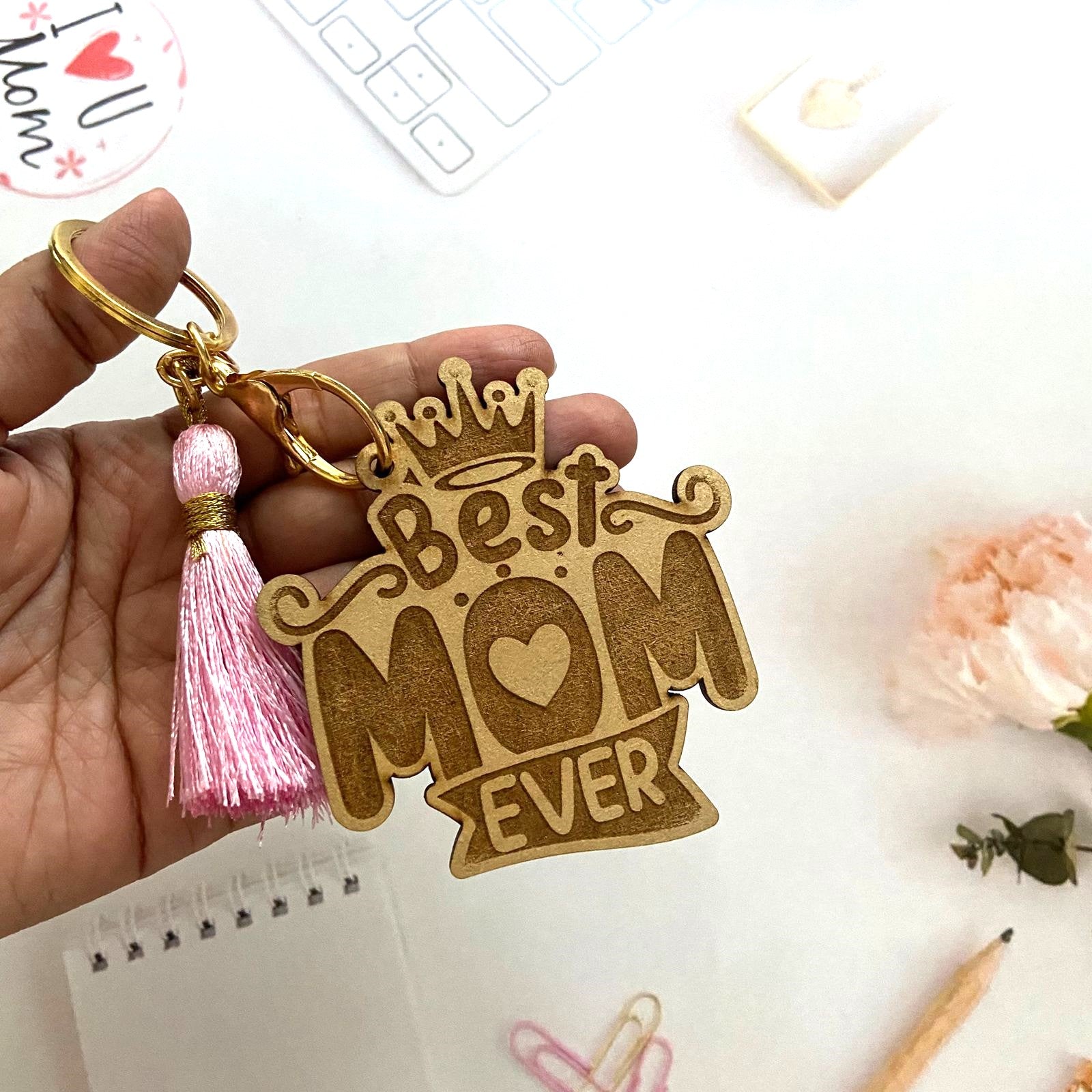Best Mom Ever Wooden Keychain with Pink Tassel