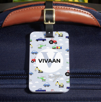 Personalized Vehicle Theme Acrylic Luggage Tag for Kids – Custom Travel Bag Name Tag (Double-Sided)