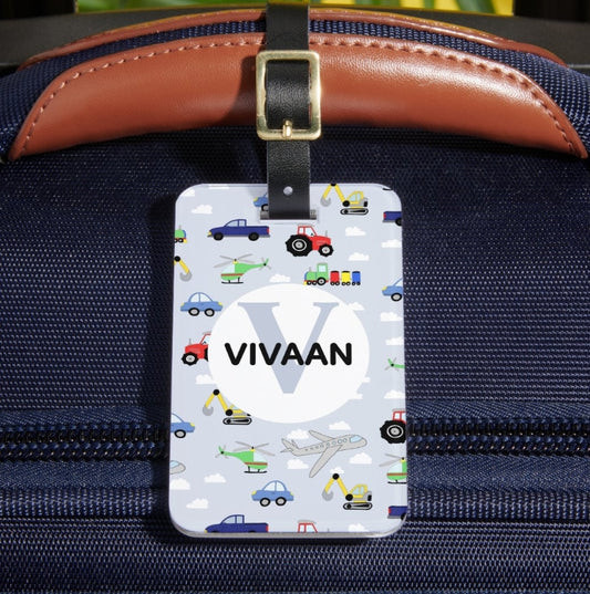 Personalized Vehicle Theme Acrylic Luggage Tag for Kids – Custom Travel Bag Name Tag (Double-Sided)