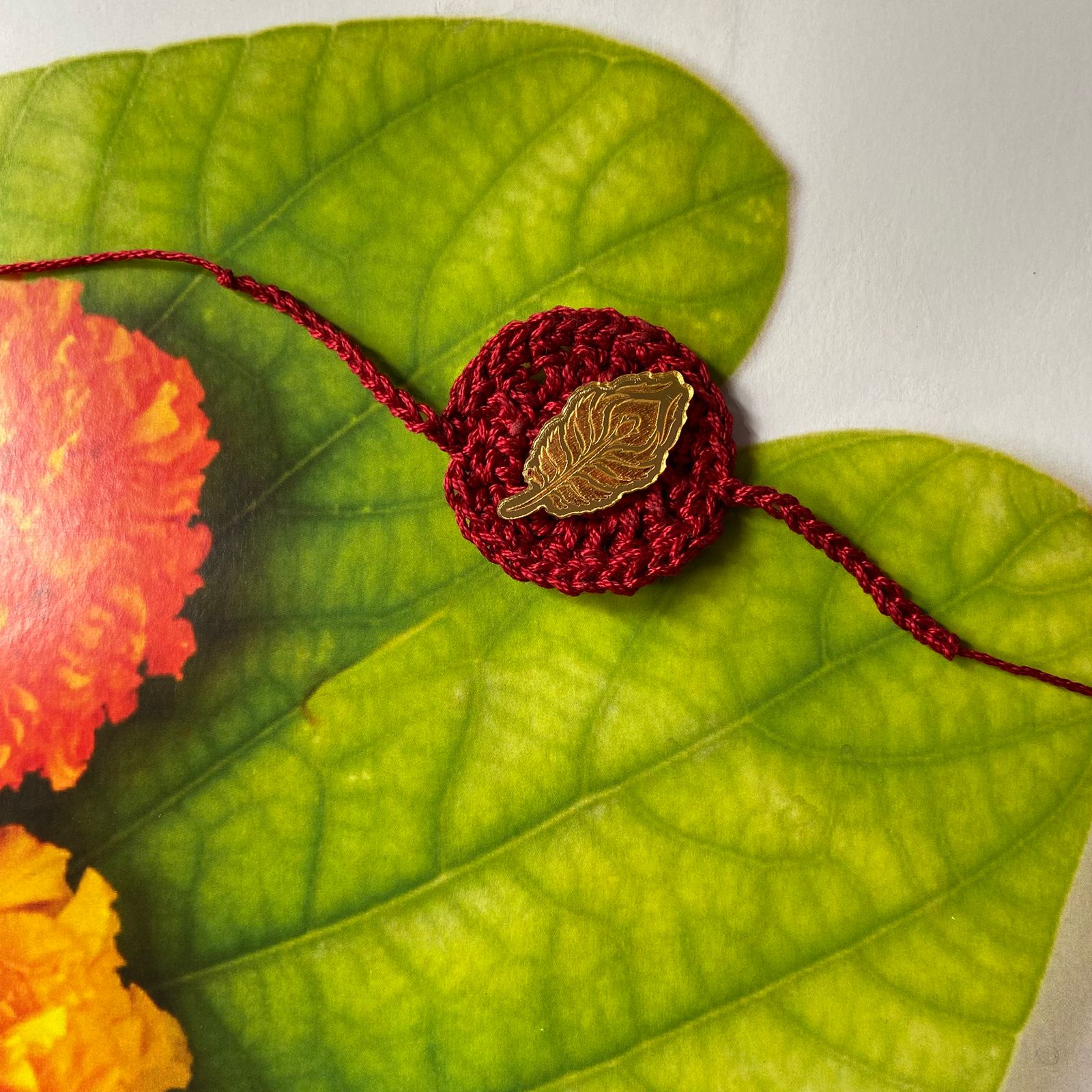 Handmade Crochet Peacock Feather Theme Religious Cotton Rakhi